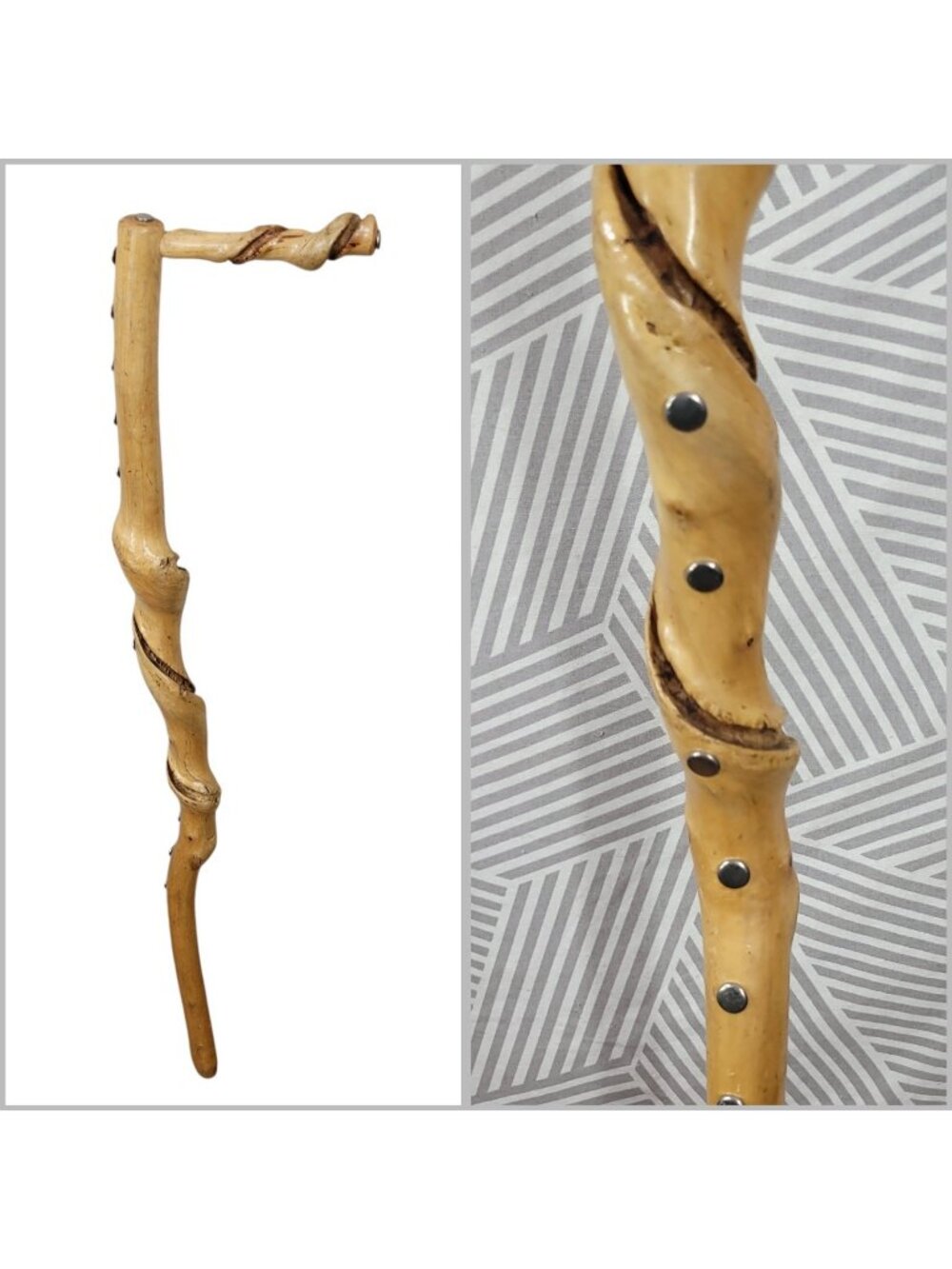Natural Wooden Walking Stick Rustic Hiking Staff Cane Twisted Handle 36" Studded